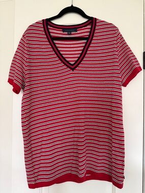 Tommy Hilfiger Red, Navy & White Striped V-Neck Short Sleeve Top